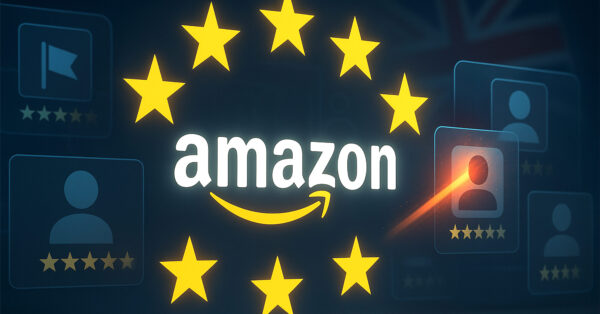 Amazon logo okružen žutim zvjezdicama na tamnoj podlozi s grafičkim prikazima korisničkih recenzija.
