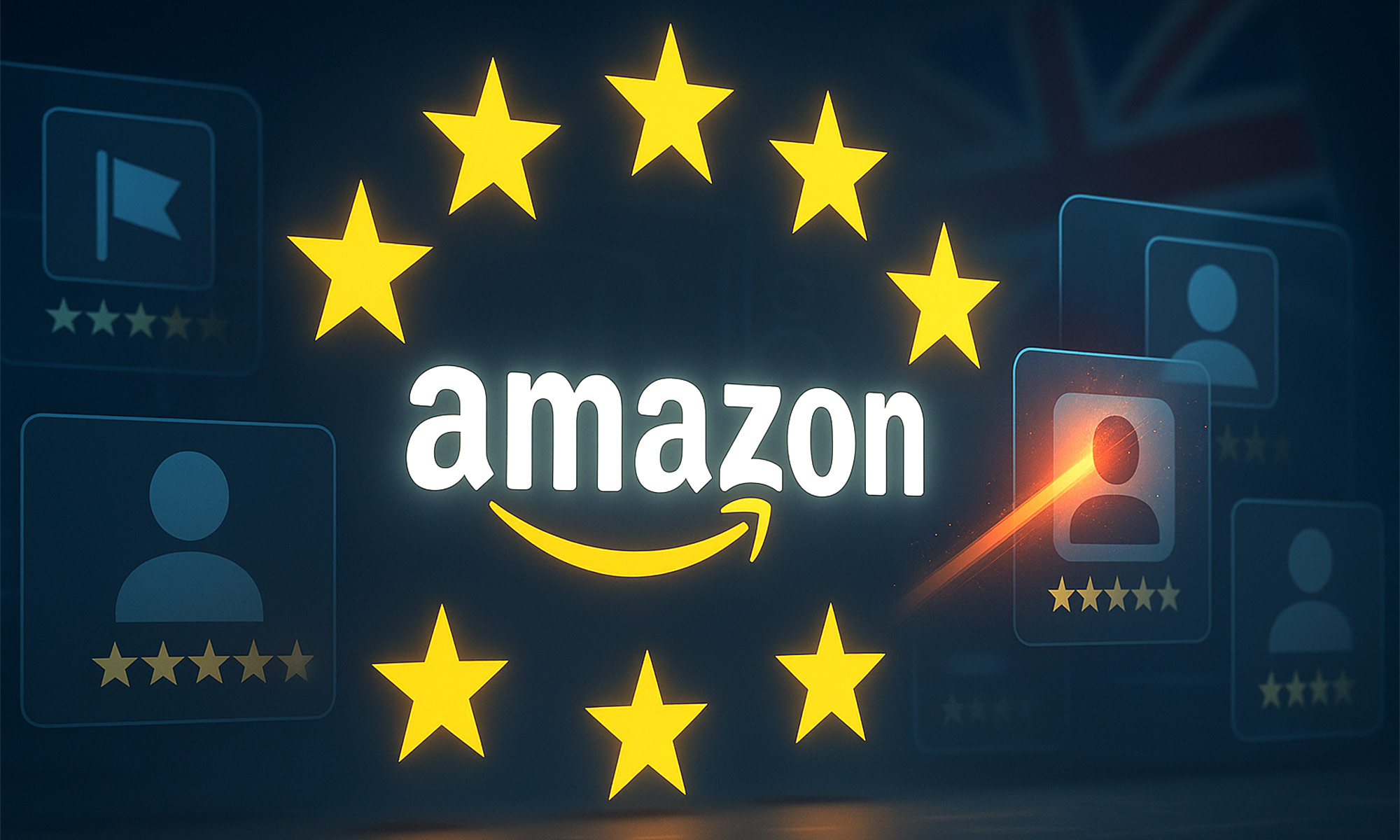 Amazon logo okružen žutim zvjezdicama na tamnoj podlozi s grafičkim prikazima korisničkih recenzija.