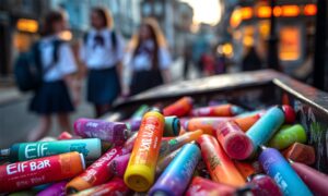 Odbačene jednokratne e-cigarete Elf Bar i sličnih brendova na ulici, u pozadini zamućene siluete školaraca – ilustracija problema maloljetničkog vapinga i elektroničkog otpada.