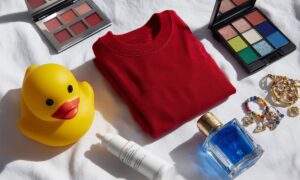 Raspored raznih potrošačkih proizvoda na bijeloj podlozi: gumena žuta patkica, crvena majica, dvije palete sjenila, parfem, serum u bočici i šareni nakit.