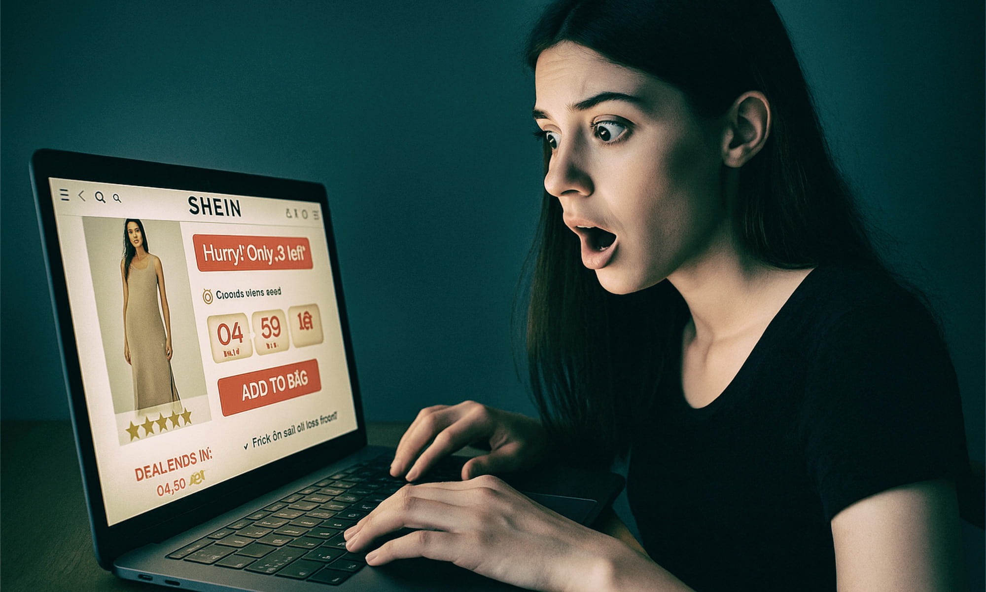 Mlada žena šokiranog izraza lica gleda u laptop na kojem je otvorena stranica Shein s porukom 'Hurry! Only 3 left!', što ilustrira tipičan primjer žurnog marketinga i FOMO efekta u online kupovini.