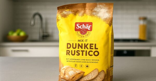 Paket Schär Mix It Dunkel Rustico bezglutenskog brašna na kuhinjskoj radnoj površini.