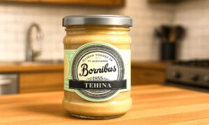 Staklenka Bornibus Tehina tahini paste na kuhinjskom pultu.