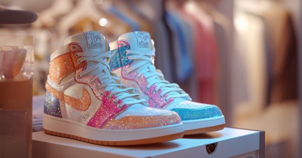 Šarene tenisice s glitter efektom u nijansama plave, ružičaste i narančaste na kutiji za obuću.