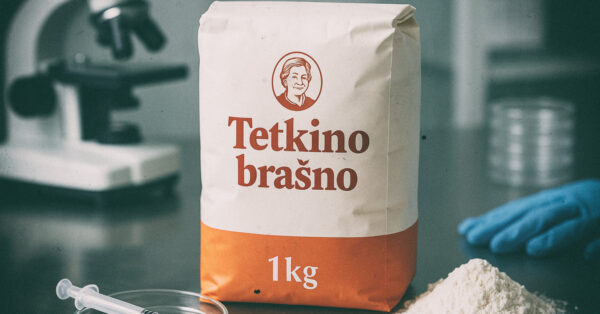 Paket brašna Tetkino brašno od 1 kg na laboratorijskom stolu uz mikroskop, špricu i rukavicu.