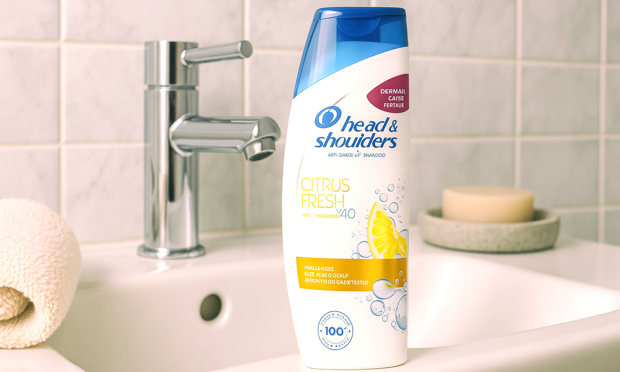 Bočica šampona Head & Shoulders Citrus Fresh na rubu umivaonika u modernoj kupaonici, s kromiranom slavinom i sapunom u pozadini.