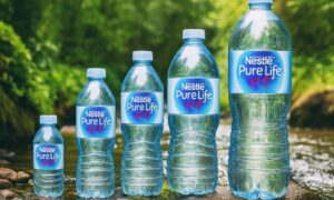 Pet plastičnih boca Nestlé Pure Life vode različitih veličina poredanih na kamenu u prirodnom okruženju s potočićem i zelenilom u pozadini.