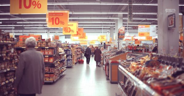 Starije osobe kupuju u supermarketu tijekom akcije s 10% popusta, u prolazu između polica punih prehrambenih proizvoda.
