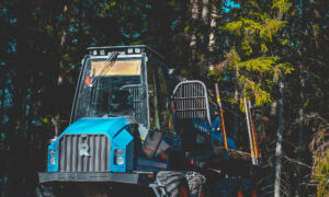 Traktor u šumi kao simbole deforestacije i uništavanja prirodnih staništa te bioraznolikosti.